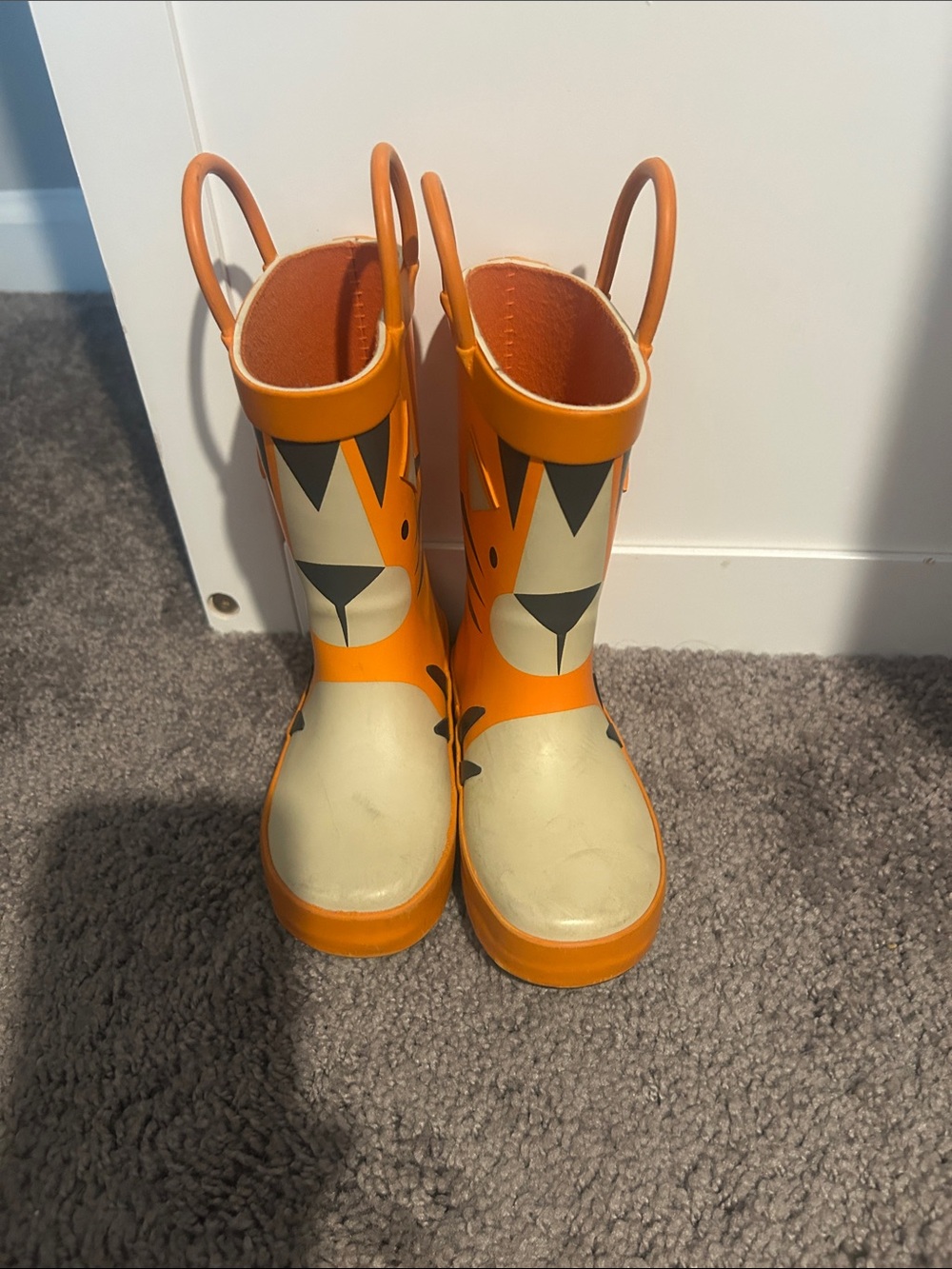 Kids Orange Tiger Rain Boots with Pull Handles